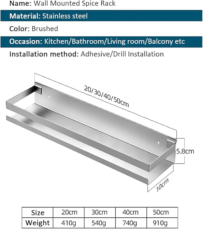 CONRUSER Wall Mounted Spice Rack, Stainless Steel Kitchen Organizer Shelves Hanging Storage Shelf Brushed Steel Seasoning Rack (50CM)
