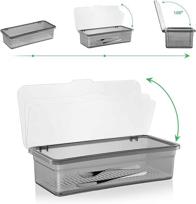 Cabilock Flatware Tray with Lid, Kitchen Cutlery Tray and Utensil Drawer Organizer, Silverware Countertop Storage Container with Cover 10 * 2.8 * 3.9 inches