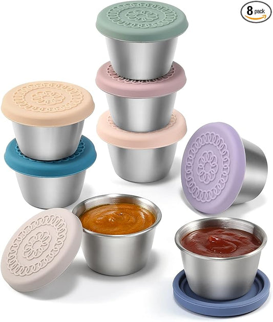 [8 Pack] Salad Dressing Container To Go, 2.4oz Small Condiment Containers with Leakproof Silicone Lids, Reusable Stainless Steel Sauce Cups for Lunch Bento Box, Picnic and Travel
