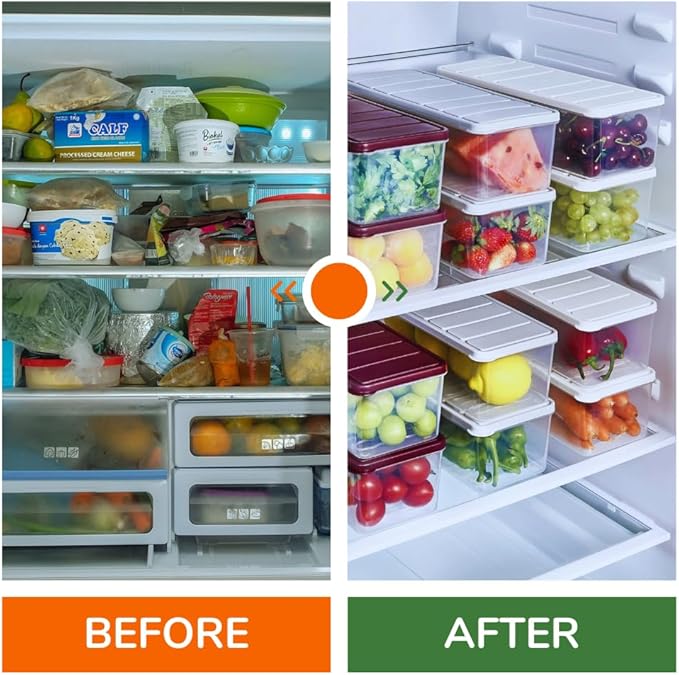Airtight Food Storage Containers with Lids, Refrigerator Organizers and Storage, Freezer Organizer Bins, Set of 2, 34 Oz, Light Grey