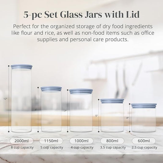 5-Piece Glass Storage Containers With Lids | Food Grade Safe Airtight Snack Containers, Pantry Organizers and Kitchen Storage with Colorful Bamboo Lids for Pasta, Oats, Coffee & Sugar