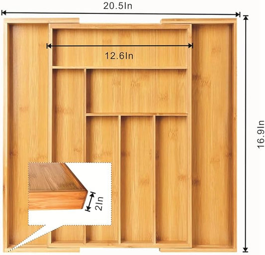 Adjustable Bamboo Drawer Organizer, Expandable Silverware Drawer Organizer, Large Cutlery Tray with Wooden Drawer Dividers for Flatware Organizing Kitchen Utensils Holder (6-8 Slots, Natural)