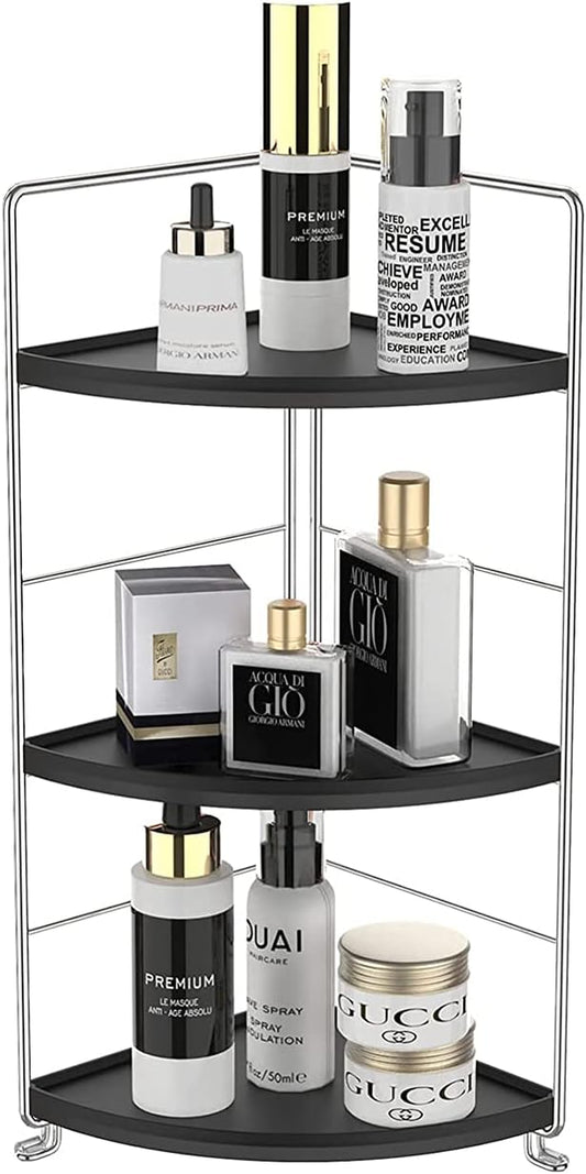 3-Tier Bathroom Countertop Organizer , Vanity Tray Cosmetic & Makeup Storage, Kitchen Spice Rack Standing Shelf , Corner Storage Shelf , Silver&Black