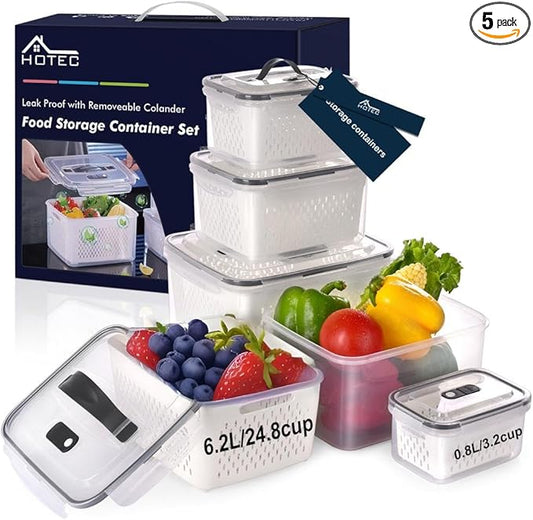HOTEC 5pcs Large Fruit Storage Container with Removable Colander, Dishwasher & microwave safe Largest 6.2L