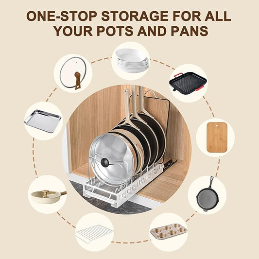 Pull Out Pots And Pans Organizer Under Cabinet,Pot Organizers Inside Cabinet,Pot Lid Holders & Pan Rack With Drain Tray,10 Adjustable Dividers(White)