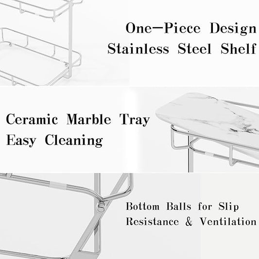 Bathroom Organizer Countertop Perfume Organizer Makeup Organizer Cosmetics Storage Display Rack Vanity Tray Dresser Stainless Steel Gold Shelf White Marble Ceramic Tray