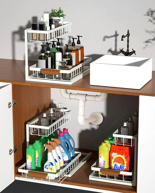 2 Pack Under Sink Organizer,Metal Pull Out Kitchen Cabinet Organizer with Sliding Drawer,Sturdy Multi-functional for Bathroom Organization,White