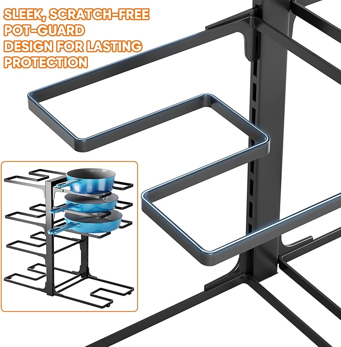 Pots and Pans Organizer Under Cabinet, Heavy Duty 8 Tier Pan Organizer–Carbon Steel Pan Rack, No Assembly Required, Perfect for Cast Iron Skillets, Dutch Ovens, Frying Pans, Pots, and Trays