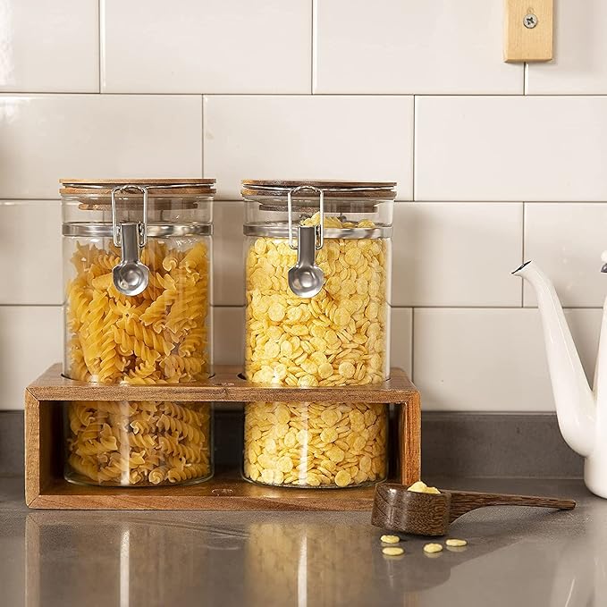 Yangbaga Glass Sugar Coffee Containers with Shelf, 2 x 45OZ Coffee Bean Canister Storage Station Organizer with Airtight Locking Clamp and Log Coffee Scoop, Large Capacity Food Storage Jar for Kitchen