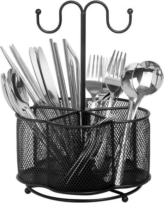 JSVER 360° Rotating Utensil Caddy 5 Compartment Silverware Cutlery Caddy Holder, Metal Tableware Organizer Countertop with Handle, Fork Spoon Flatware Storage for Office Party Picnic Kitchen, Black