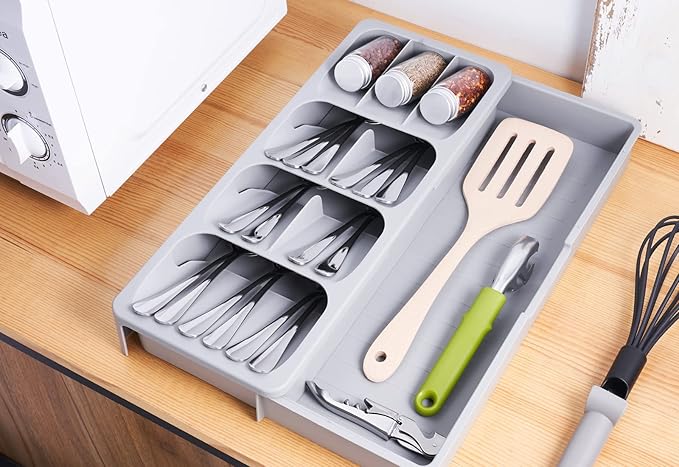 2pcs Expandable Kitchen Drawer Organizer, Adjustable Cutlery Trays and Utensil Holder, Kitchen Drawer Dividers Storage for Silverware, Flatware, Knives, Spoons, Gray