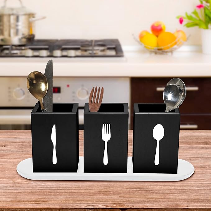 Kathfly 4 Pcs Silverware Caddy Utensil Holder for Countertop Silverware Organizer with Wood Tray Spoon Fork Holder 3. 15 x 3. 15 x 4. 53 Inches of Each Organizer for Kitchen Parties(Black)