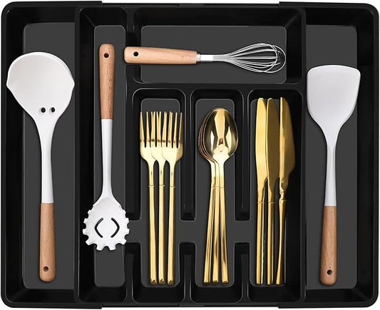 Utensil Drawer Organizer, Expandable Silverware Drawer Organizer Adjustable Kitchen Drawer Organizer Cutlery Drawer Utensil Tray Flatware Tray for Forks Spoons Knife Organizer(Large, Black)