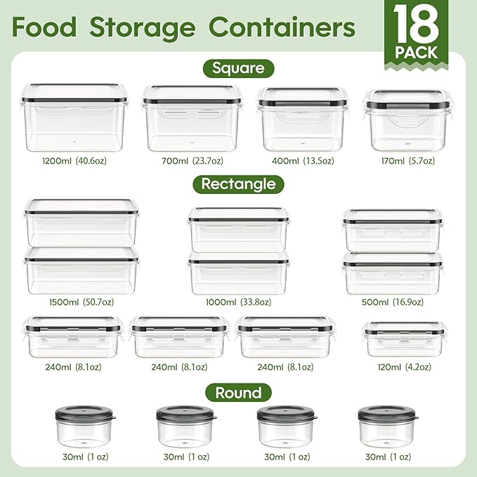 36-Piece Food Storage Containers with Lids(18 Containers & 18 Lids), Plastic Food Containers for Pantry & Kitchen Storage and Organization, BPA-Free, Leak Proof, Reusable with Labels & Pen
