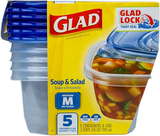 GladWare Soup & Salad Food Storage Containers for Everyday Use | Medium Rectangle Containers for Food Storage | Containers Hold up to 24 Ounces of Food, 5 Count - 6 Pack