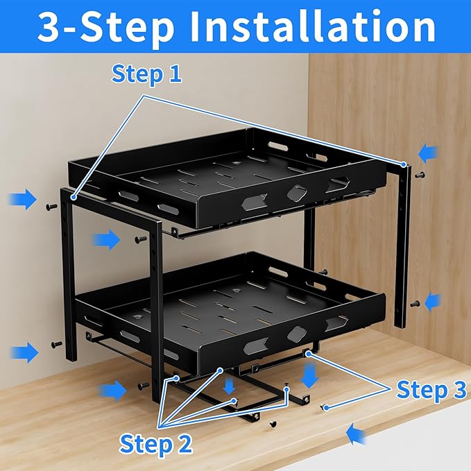 spice organization for cabinet, 2-Tier Cabinet Spice Rack Organizer, Height Adjustable Vertical Spice Rack for Kitchen Cabinet (14.1''Wx10.8''Dx9.2''H, Metal Black)