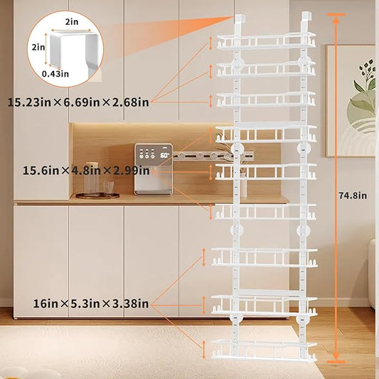 Over The Door Pantry Organizer, 9-Tier Over The Door Organizer with Adjustable Baskets, Metal Hanging Spice Rack for Pantry Organizers and Storage, Suitable for Kitchen Laundry Room & Bathroom, White