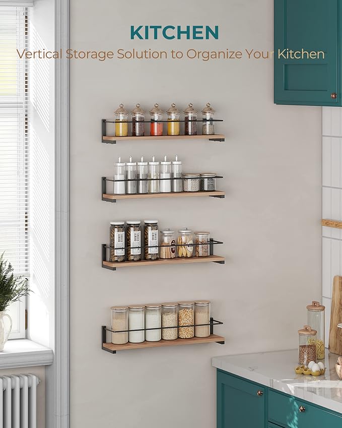 OROPY Spice Rack Wall Mounted, Rustic Wood Hanging Rack for Over The Stove, Kitchen Wall, 2 Pack