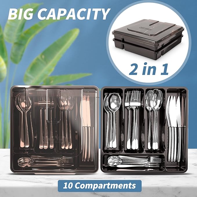 2 Layer Large Silverware Tray with Lid,Stackable utensil organizer for countertop,Removable Tray for Flatware Organizer, Black