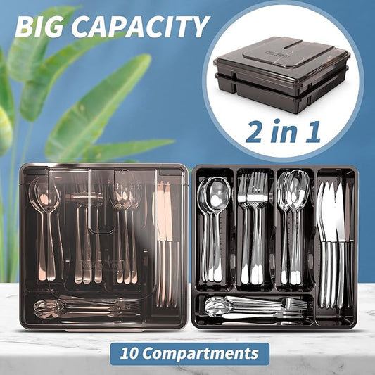 2 Layer Large Silverware Tray with Lid,Stackable utensil organizer for countertop,Removable Tray for Flatware Organizer, Black