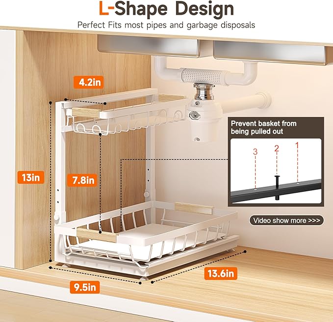 2 Packs Under Sink Organizer, High Adjustable 2 Tier Under Kitchen sink organizer, Multi-Purpose Storage Shelf for Kitchen Bathroom Cabinet, White