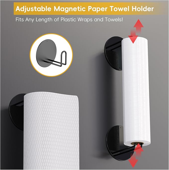 Minicloss Magnetic Spice Rack for Refrigerator - 6 Pack Magnetic Spice Rack with Magnetic Basket & Paper Towel Holder, Strong Magnetic Storage Organizer for Kitchen, Black
