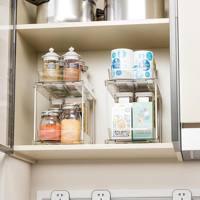 Yieach 2 Pack Bathroom Cabinet Organizers and Storage with Track,Clear Acrylic Under the Sink Organizer for Cupboard,Vanity Countertop Storage Bins,Plastic 2 Tier Pull Out Drawer for Makeup,Medicine