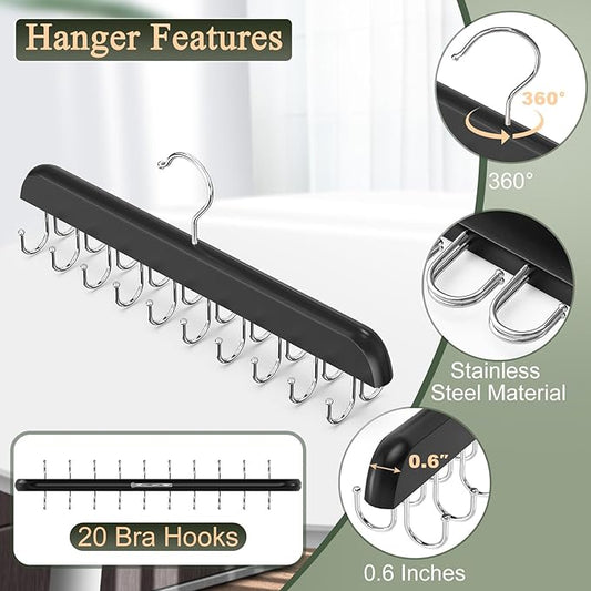 2 Pack Bra Hangers for Closet Organizer, Round Rectangle Bra Organizer with 40 Stainless Steel Hooks, Wooden Tank Top Hanger, Closet Organizers and Storage for Bras Camis Belts Ties, Black