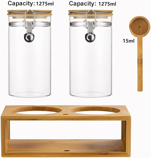 Yangbaga Glass Coffee Containers with Shelf, 2 x 45 oz Coffee Bean Storage with Airtight Locking Clamp and Bamboo Spoon, Large Capacity Food Storage Jar for Kitchen