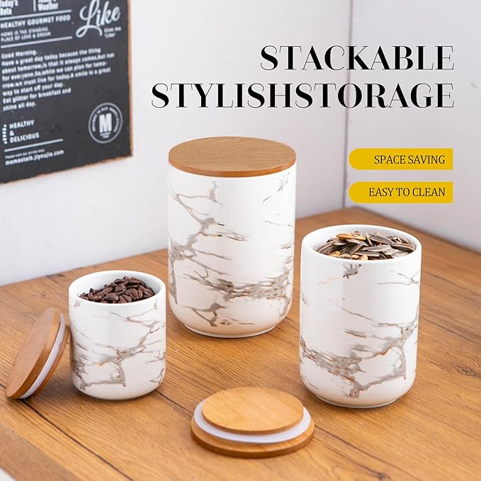 White Kitchen Canister Set of 3, Kitchen Countertop Ceramic Jars with Airtight Wood Lids, Storage Containers for Coffee Beans, Tea, flour, Grains, Salt, Marble Pattern