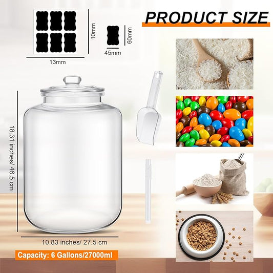 Yaomiao 6 Gallon Glass Jar with Lid Large Cookie Jar Big Opening Airtight Food Storage Canister Canning Pot for Flour Sugar Dog Treat Pasta Candy Glass Containers with Lids for Kitchen