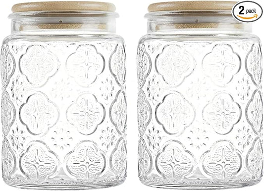 Glass Storage Jars With Airtight Lid, 23.7oz Canister For Kitchen Counter with Bamboo Lid, brown sugar, candy, coffee, cookie, salt, tea,pantry cute Jar (Begonia Flowers*2)