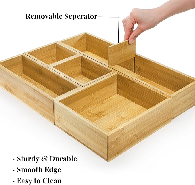 5 Pieces Bamboo Drawer Organizer, Multi-Use Individual Junk Tea Storage Drawer Tray Set with Removable Dividers, Adjustable Cutlery Utensils Holder Bin for Kitchen, Office, Bathroom