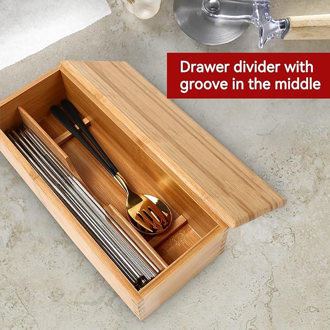 Cyrank Wooden Cutlery Box with Lid, Small Drawer Organizer Kitchen, Cutlery Organizer in Drawer for Spoon Utensil Chopsticks Box for Kitchen Countertop, 10.6x4.3x2.5inch