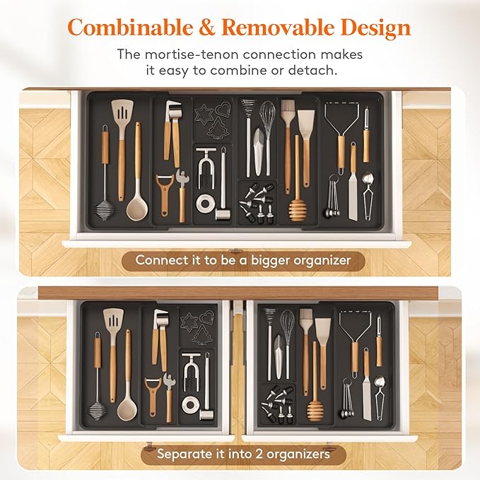 Lifewit Large Utensil Organizer for Kitchen Drawer, Expandable From 21 to 36 Inches, Adjustable Cooking Silverware Tray, Plastic Cutlery Flatware Holder, Spatula Tools Gadgets Storage Divider, Black