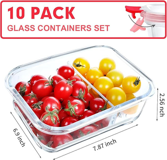 VERONES 10 Pack Glass Meal Prep Containers 2 Compartment Set, 36OZ Airtight Glass Lunch Containers, Glass Food Storage Containers with Lids, for Microwave, Oven, Freezer & Dishwasher Friendly,Red