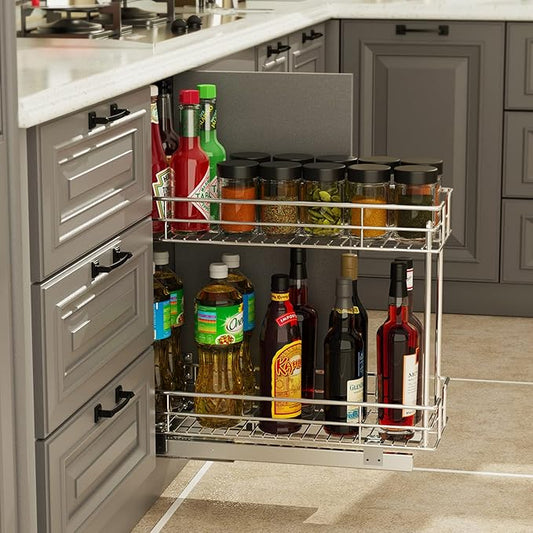 LOVMOR Pull Out Cabinet Organizer and Storage (7" W x 21" D) 2-Tier Pull Out Shelf Storage for Kitchen Base Cabinet Silver (7" W x 21" D, Silver, Roll on Top)