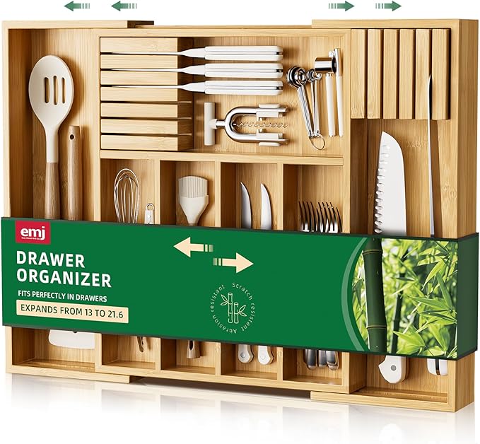 Emojoy Silverware Storage,Carbonized Bamboo Cutlery Storage Organizer, Expandable Cutlery Rack, 7 Slots, Perfect for Storing Cutlery and Kitchen Utensils with Removable Knife Holder