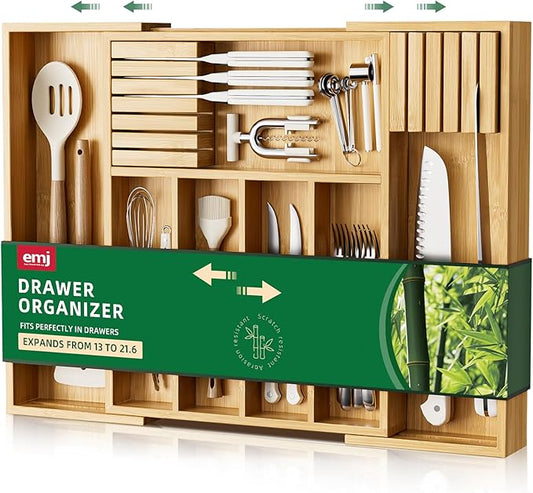 Emojoy Silverware Storage,Carbonized Bamboo Cutlery Storage Organizer, Expandable Cutlery Rack, 7 Slots, Perfect for Storing Cutlery and Kitchen Utensils with Removable Knife Holder
