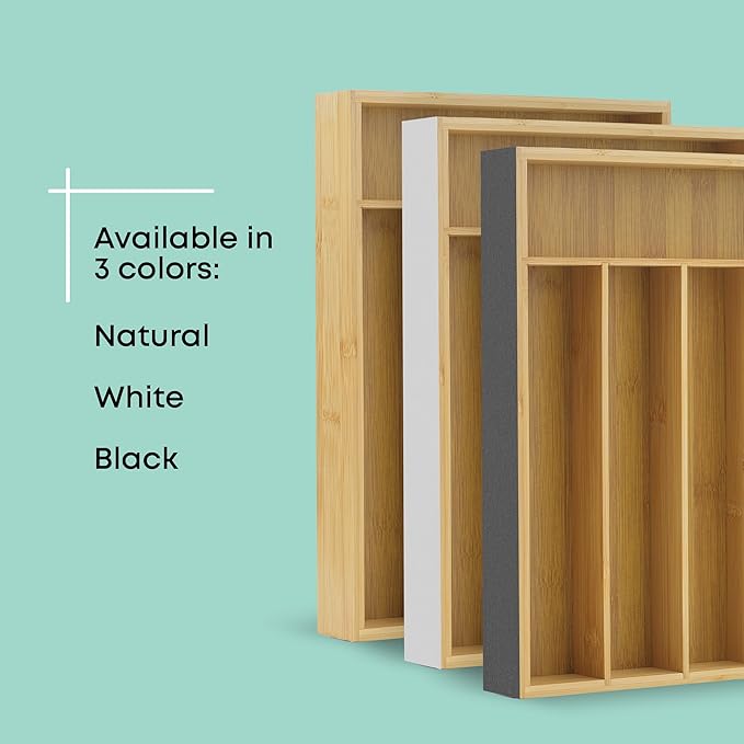 JoyJolt Bamboo Drawer Organizer for Kitchen Utensils, Drawer Divider for Large Cutlery and Silverware, Flatware Holder Tray, 5-Compartment Silverware Organizer, Garage Kitchen & Junk Drawer Organizer