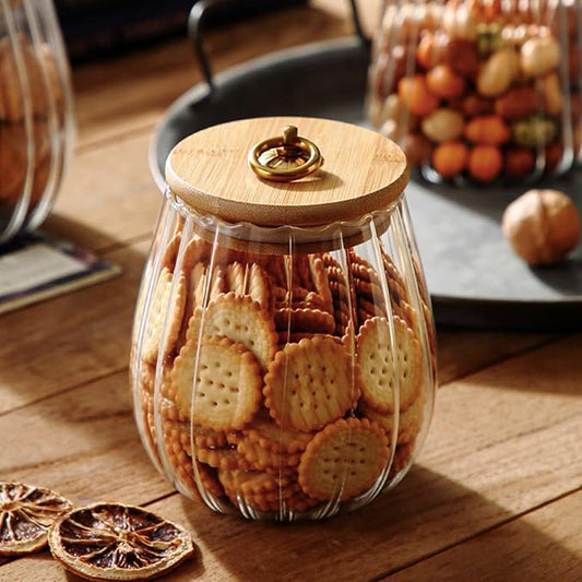 Strip Pattern Clear Glass Candy Jar with Bamboo Lid,Food Storage Jar,Glass Jar with Lid,Coffee Sugar Canister Airtight Storage Container (Oval)