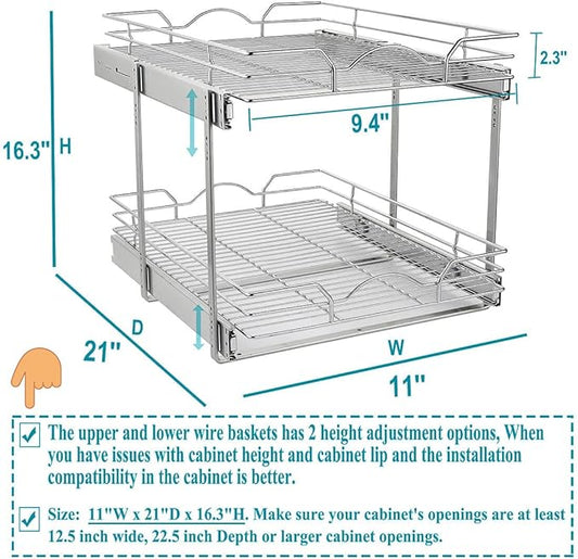 OCG 2 Tier Pull Out Cabinet Organizer (11" W x 21" D), Pull out Drawers for Kitchen Cabinets, Pull Out Shelves for Base Cabinet Organization in Kitchen Bathroom Pantry, Chrome Finish