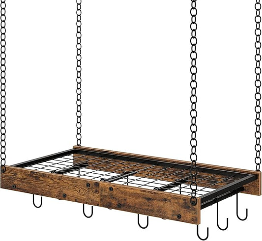 Hanging Pot Rack, Vintage Pot Hangers for Kitchen, Ceiling Mounted Pot Rack, Pot and Pan Hanging Rack with 12 S-Shaped Hooks, for Cookware Storage, Rustic Brown and Black TPR01BF