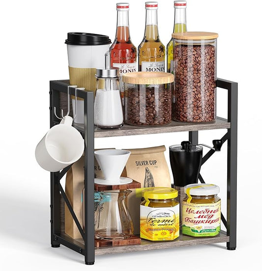 Kitchen Countertop Organizer, Coffee Bar Station Organizer for Countertop, 2 Tiers Kitchen Counter Shelf, Wooden Spice Rack Organizer, Space Saving Desk Shelving Riser Unit
