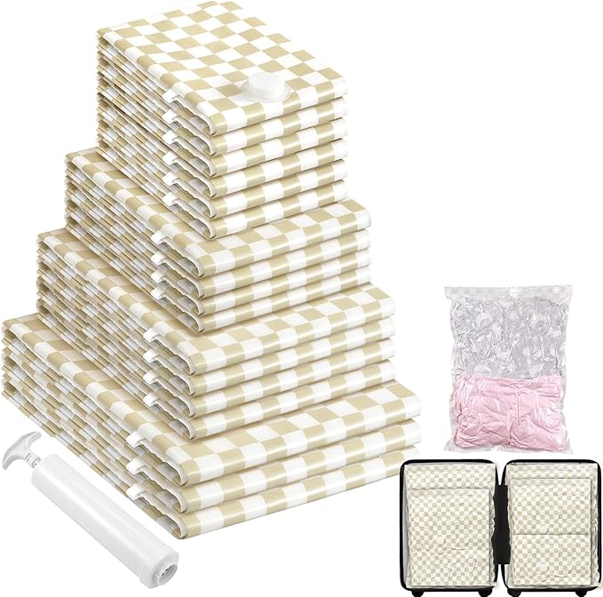 17Pack Vacuum Storage Bags, Vacuum Seal Bags for Clothing with Hand Pump, 3 Jumbo+4 Large+4 Medium+6 Small, 80% Space Saver Bags for Luggage,Comforters,Blankets, Home Travel Essentials(Khaki Check)