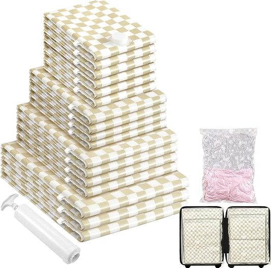 17Pack Vacuum Storage Bags, Vacuum Seal Bags for Clothing with Hand Pump, 3 Jumbo+4 Large+4 Medium+6 Small, 80% Space Saver Bags for Luggage,Comforters,Blankets, Home Travel Essentials(Khaki Check)
