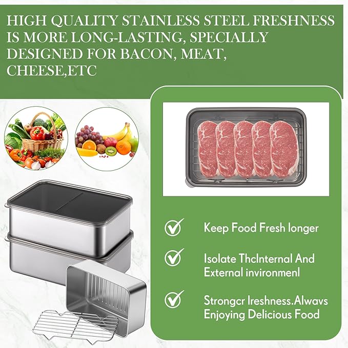 Hushee 3 Set 304 Stainless Steel Containers for Fridge, with Removable Drain Tray, Fruit Bacon Storage Airtight Deli Meat Container with Lids for Fresh Dry Food Storage(7.68 x 5.12 x 2.76 Inch)