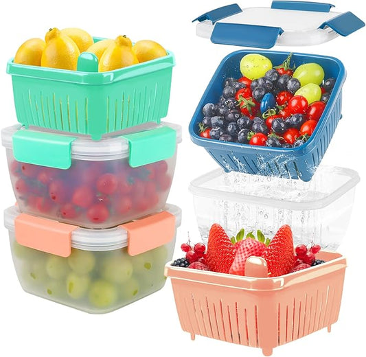 shopwithgreen 50oz Berry Keeper Fruit Storage Container for Fridge, Fresh Food Produce Saver Containers with Removable Drain Colanders, Vegetable Lettuce Keeper Bowl, Refrigerator Organizer, 3 Pack