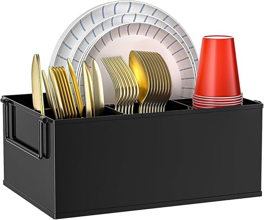 Paper Plate Holder Reusable - Outdoor Utensil Caddy with Dual Handles, Ideal Silverware Holder for Party, Camping Organizer, Scratch-Proof Bottom Pads, and Easy-to-Clean, Balck