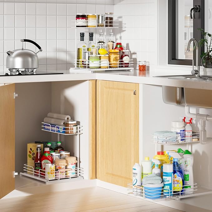 LAMU 2Pack Under Sink Organizers and Storage, 2 Tier Bathroom Kitchen Cabinet Organizers and Storage, Pull Out Under Sink Storage Kitchen Shelf Organizer for Under Counter Storage Organizer, White